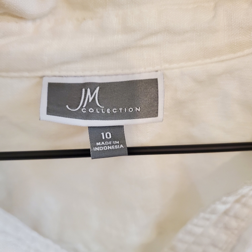 JM Collection White Button-Up 100% Linen Shirt with Gold Accents, Size 10 - Picture 4 of 6